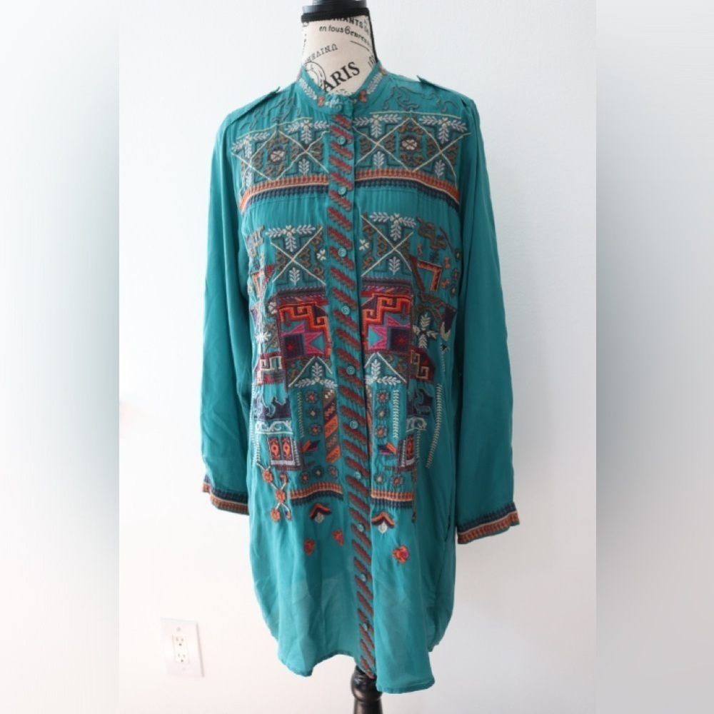 Johnny Was NWT Roman Embroidered Button Up Shirt Silk Tunic Sz S Long Slv Teal